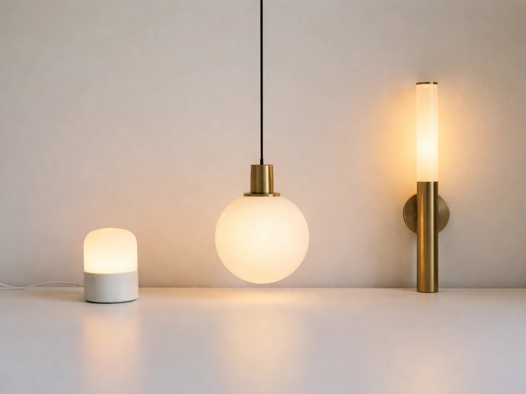 Three light fixtures on a table—simple LED lamp, modern pendant, and premium sconce with warm glow.