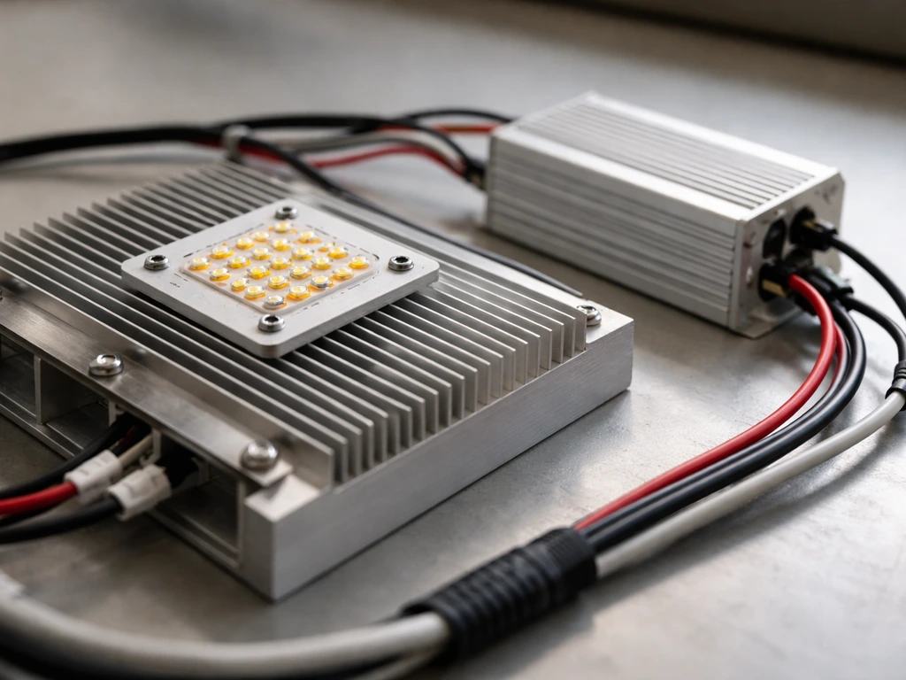 Close-up of grow light internals showing LED diode array and driver housing on a heat sink