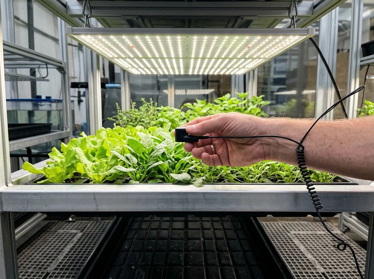 Measuring PAR photons at canopy height using a quantum sensor under an LED grow light.