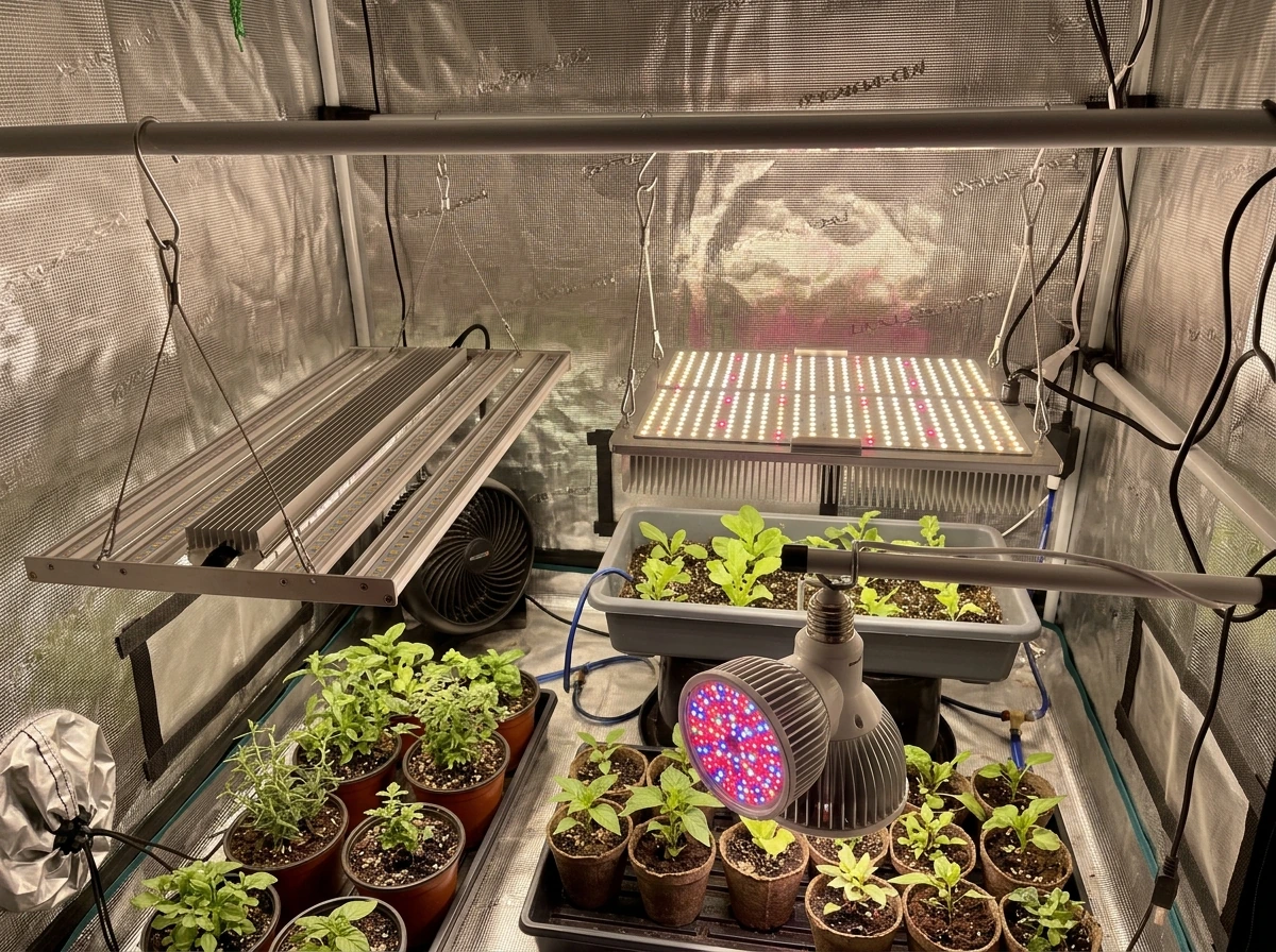 Different LED grow light form factors (panel, bars, bulb) displayed with visible mounting hardware.