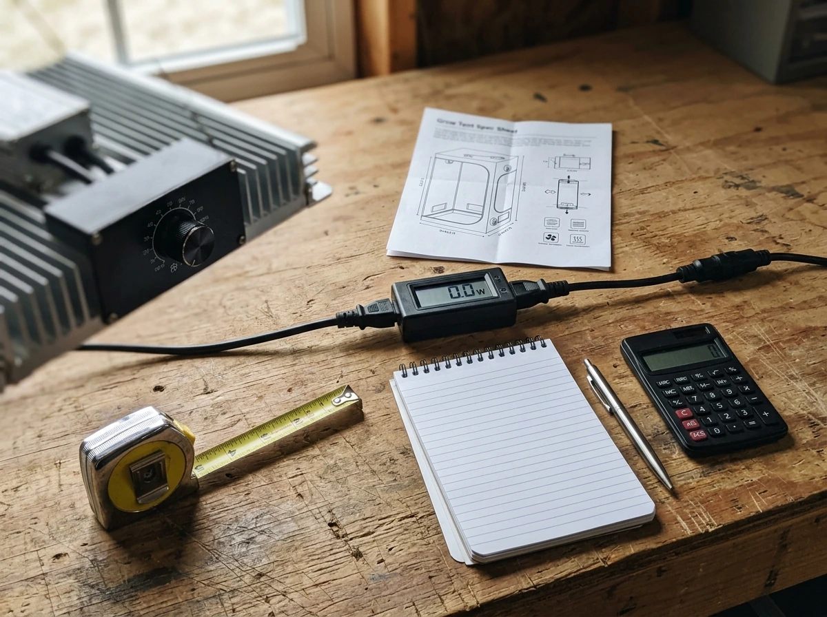Wattmeter and power setup used to verify true energy draw before buying an LED grow light.