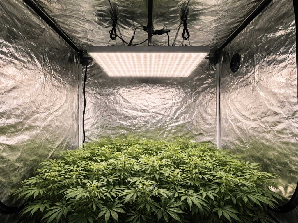 5x5 LED grow light over a mylar-lined grow tent with an evenly lit plant canopy.