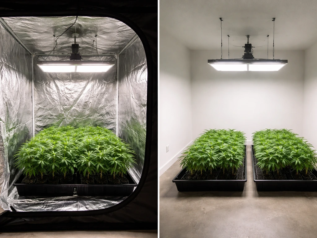 Split view comparing a 5x5 grow tent with mylar vs an open-room 5x5 LED setup over leafy canopies.