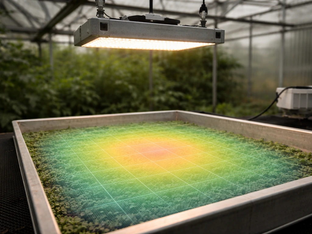Close-up of a greenhouse grow light controller showing a subtle, non-text PPFD coverage map over soil trays.