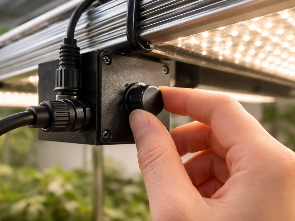 Close-up of a 0–10V dimming controller connected to a grow light, showing dimming intensity adjustment