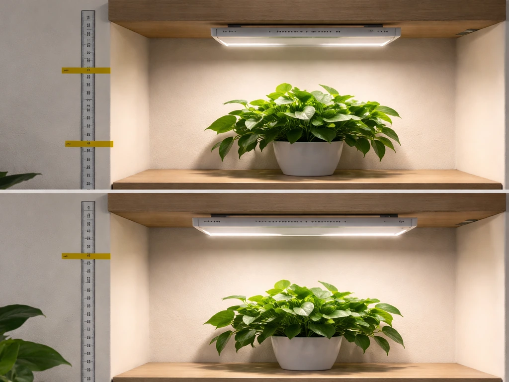 Grow light over potted plant with tape height marks at 18 and 30 inches showing lighting spread.