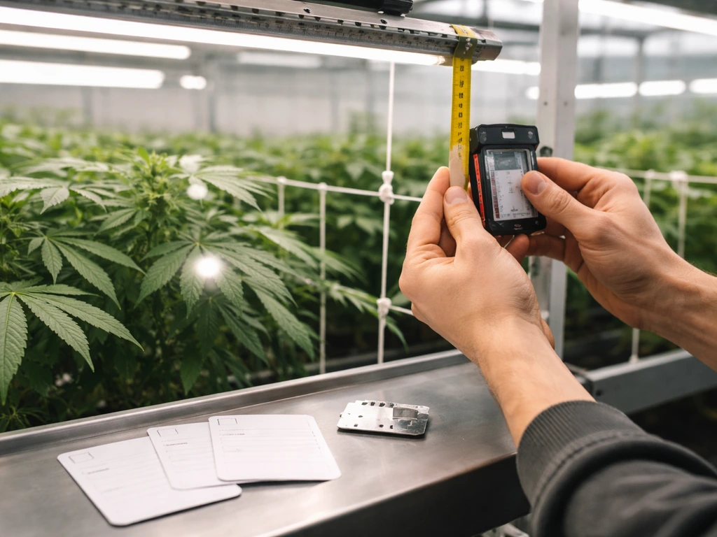 Grower inspecting greenhouse canopy and mounting height with a simple tool, minimal checklist vibe