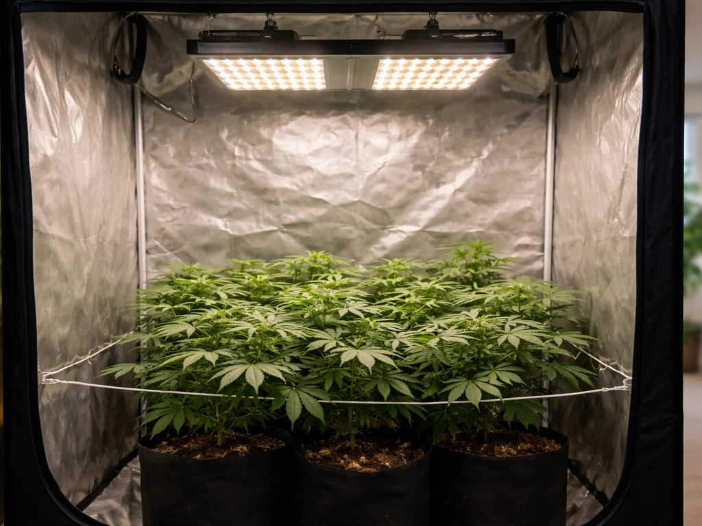 Overhead view of a 3x3 indoor grow tent with a budget LED grow light and thriving plants below