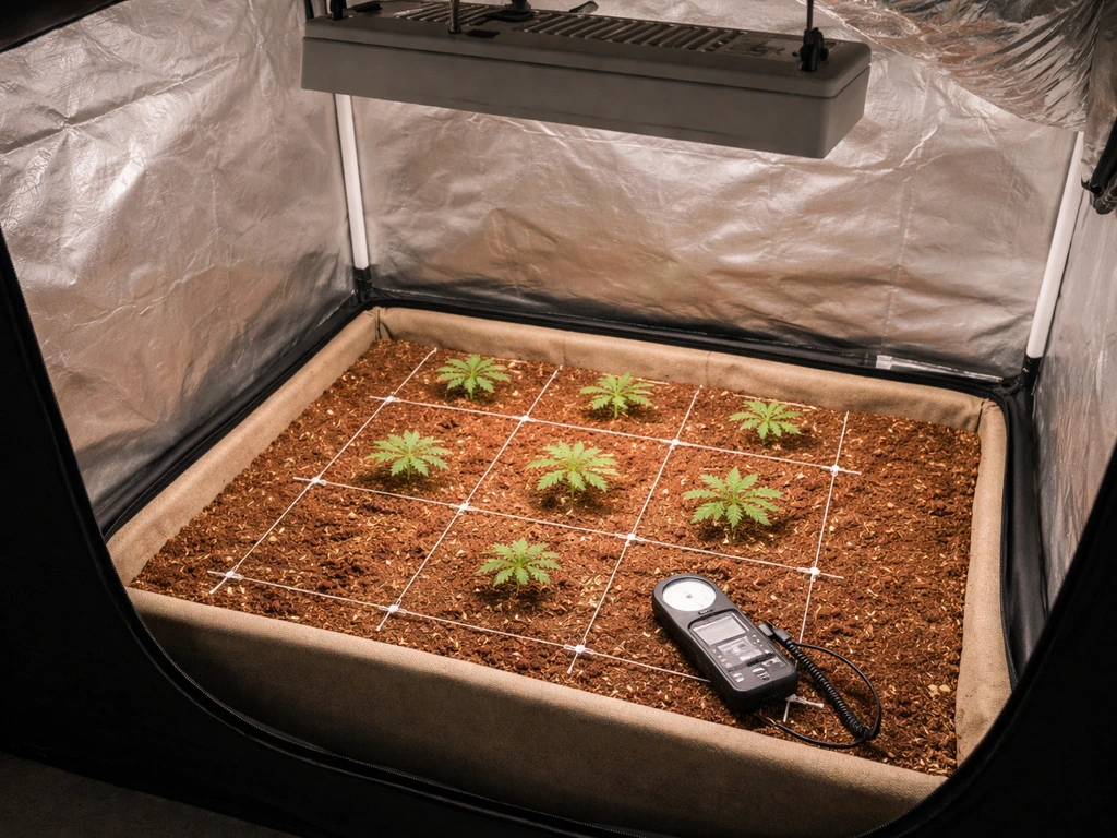 3x3 grow tent with LED light, light meter near canopy, and simple grid layout for measuring PPFD/DLI.