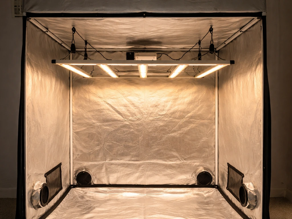 Bar-style LED grow light mounted above a 3x3 grow tent, showing clean uniform lighting