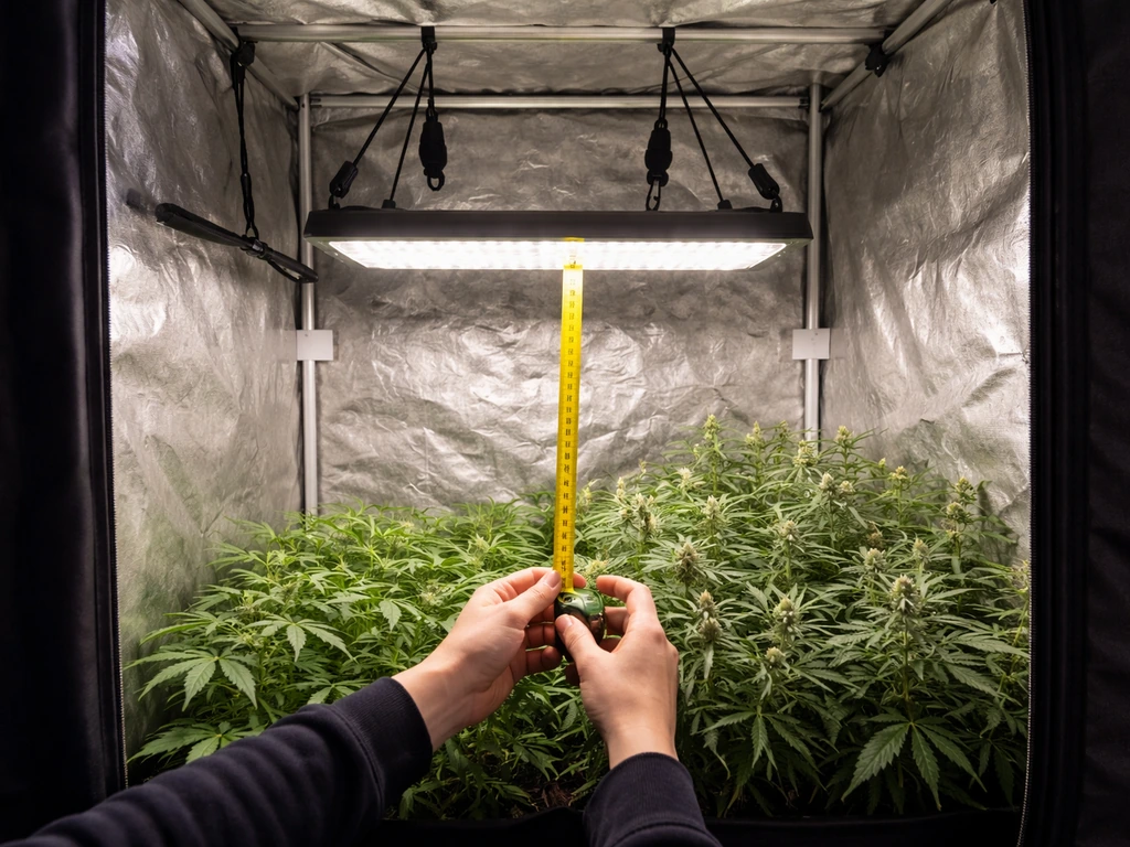Grow tent interior with measuring tape showing hanging height and canopy distance for veg vs flower setup.