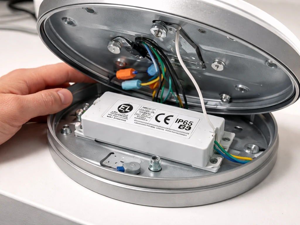 Close-up of an LED fixture’s open driver compartment showing certification and IP markings