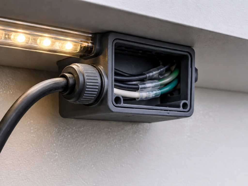 Close-up of sealed IP-rated LED strip and driver enclosure with moisture barrier and neatly sized wires.