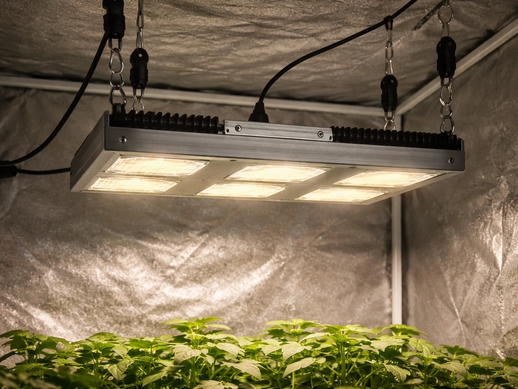 Modern 300W LED grow light mounted above a small grow tent canopy with seedlings underneath.