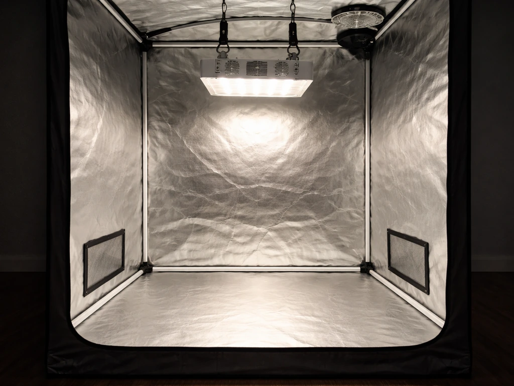 Empty grow tent with a hanging 300W LED centered, showing stronger center glow and dimmer edges.