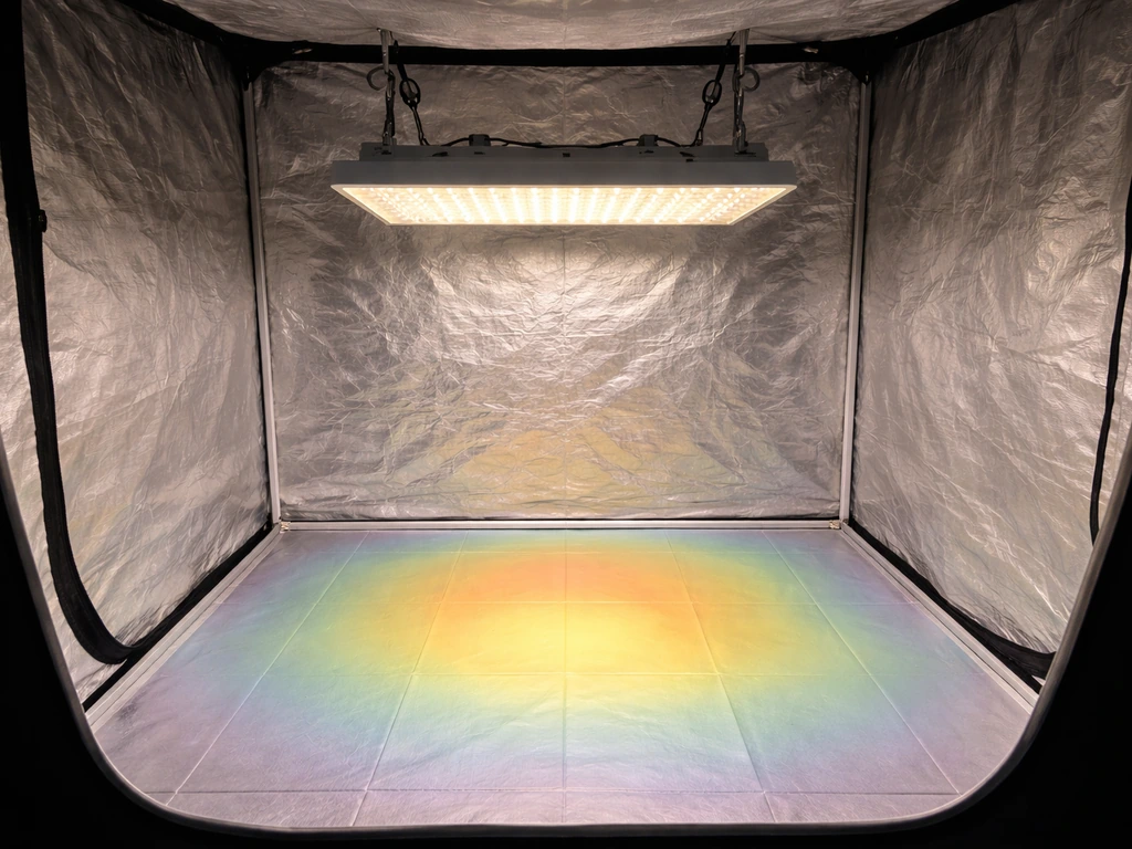 Indoor grow tent with a 300W LED overhead and a subtle PPFD-style heatmap over the floor grid.