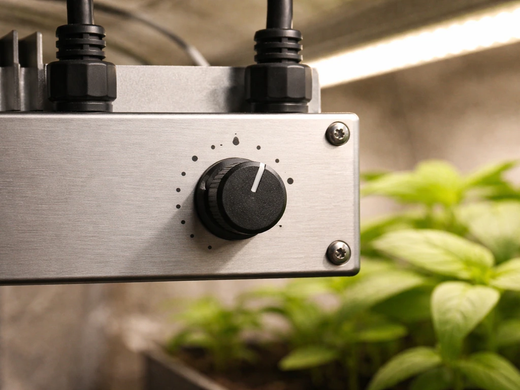 Close-up of a grow light dimmer dial with blurred seedlings in the background.
