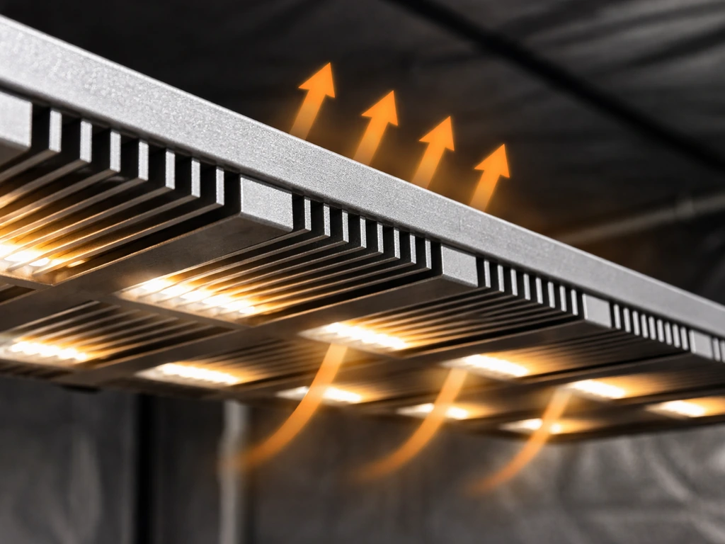 Close-up underside of a bar-style LED fixture, showing parallel aluminum heatsink bars and airflow gaps.