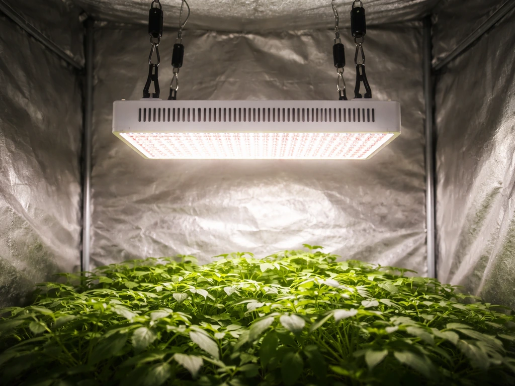 600W LED grow light hanging inside an indoor grow tent over leafy plants, showing adjustable hardware.