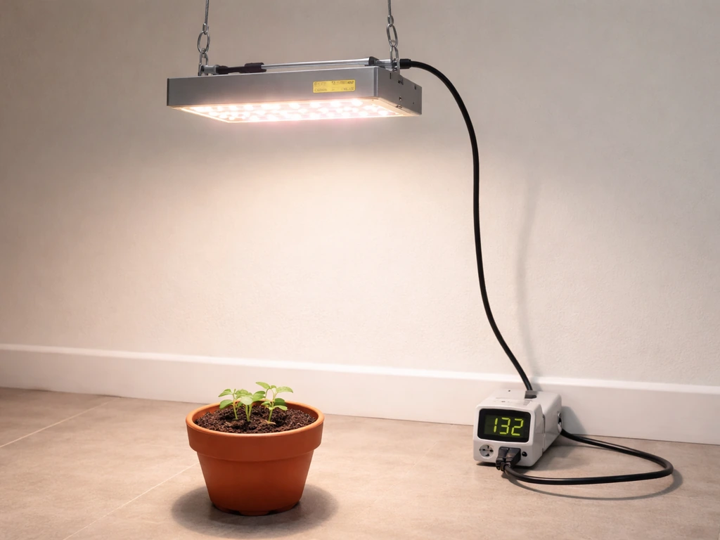 LED grow light with a power meter on the floor, showing wall draw differences versus marketing wattage.