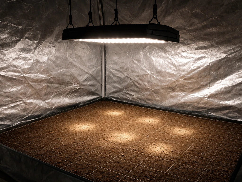 Indoor grow setup with one LED light over a simple canopy grid and soft intensity spots on soil.