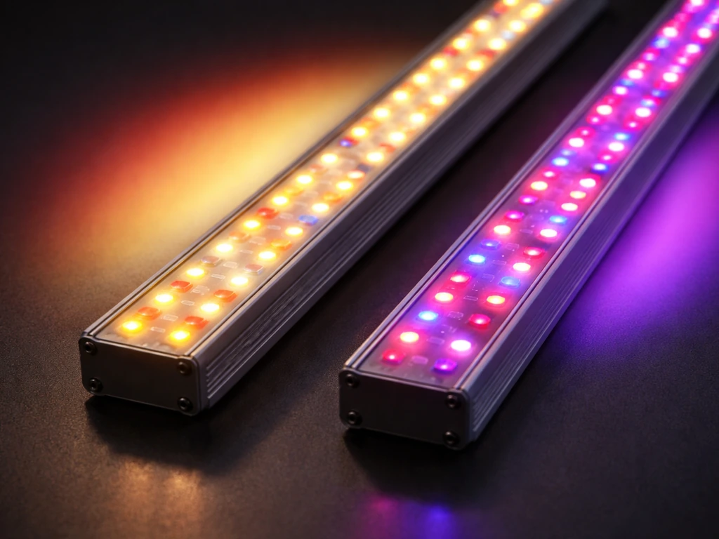 Close-up view of two LED grow panels side by side showing warm-white/red LEDs versus red/blue LEDs.