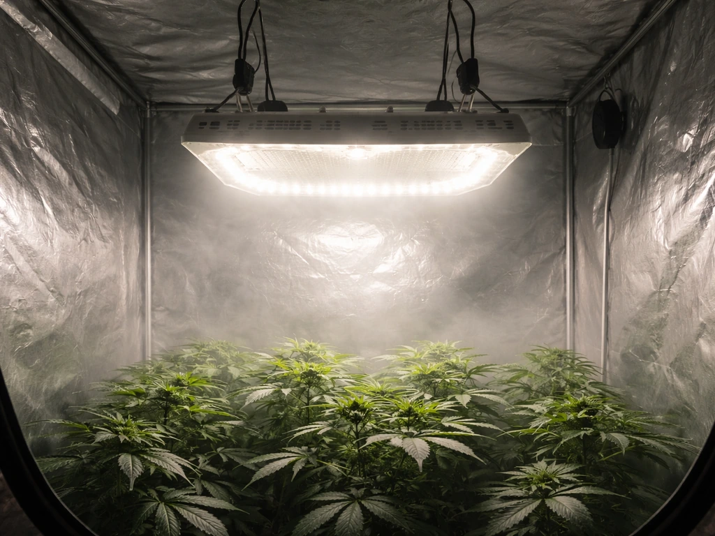 Clean grow tent interior with an LED grow light suspended above the canopy and even illumination.