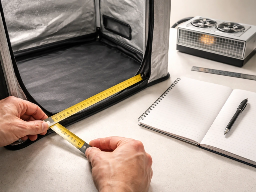 Hands using a tape measure over an open notebook with LED grow light planning notes.