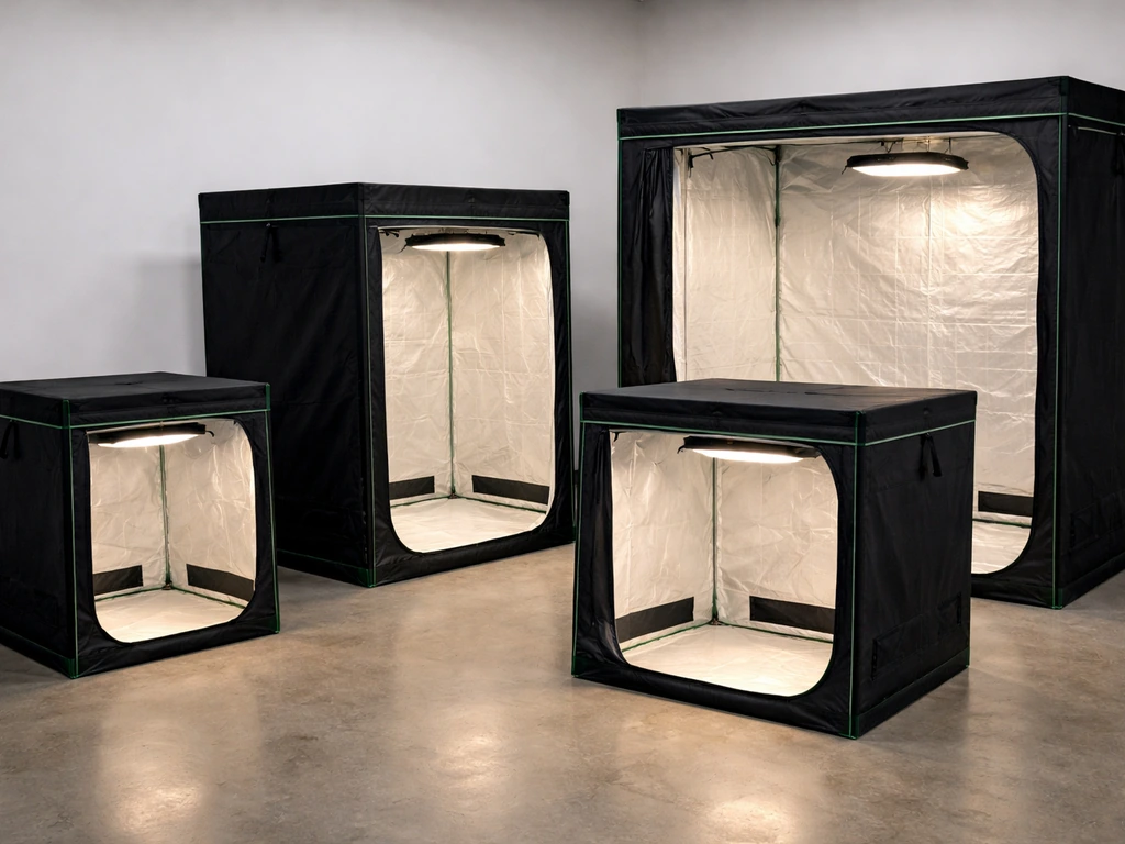 Four indoor grow tents (2x2 to 5x5) with LED lights showing soft canopy coverage glow on the floor.