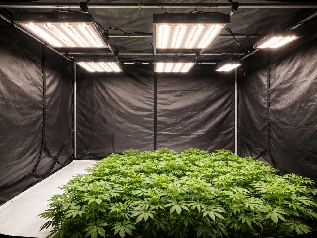 Inside a large grow tent with multiple overhead LED fixtures evenly lighting a green plant canopy