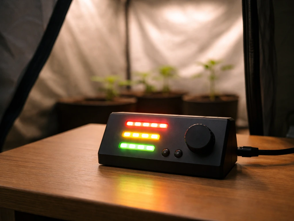Grow light control panel with three crop-stage settings from low to high intensity, simple indoor grow tent setup.