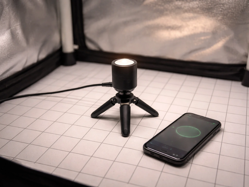 Handheld PPFD sensor near a tent floor grid, measured at canopy height with a phone nearby.