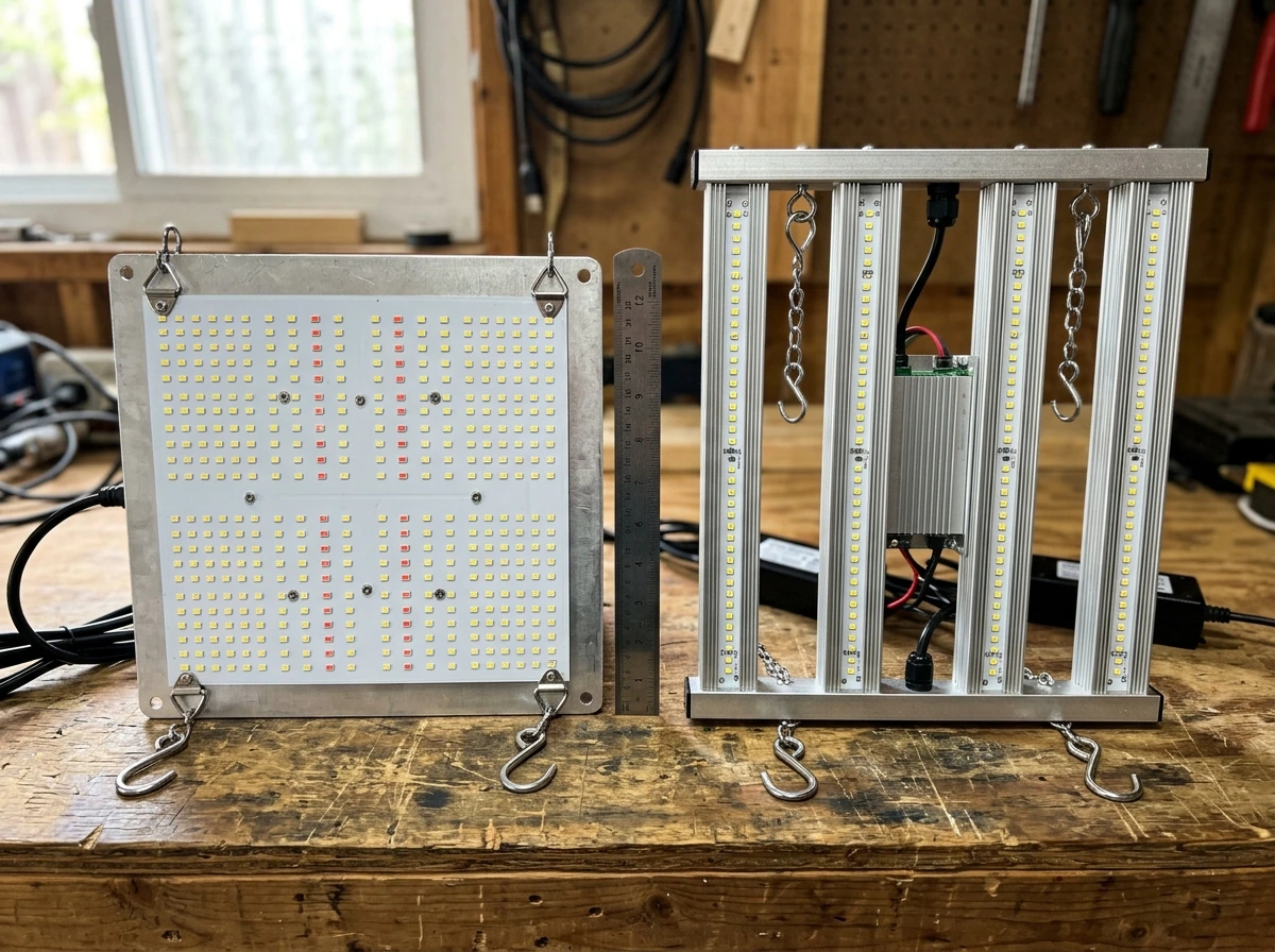 Quantum board panel and bar-style LED fixtures side-by-side