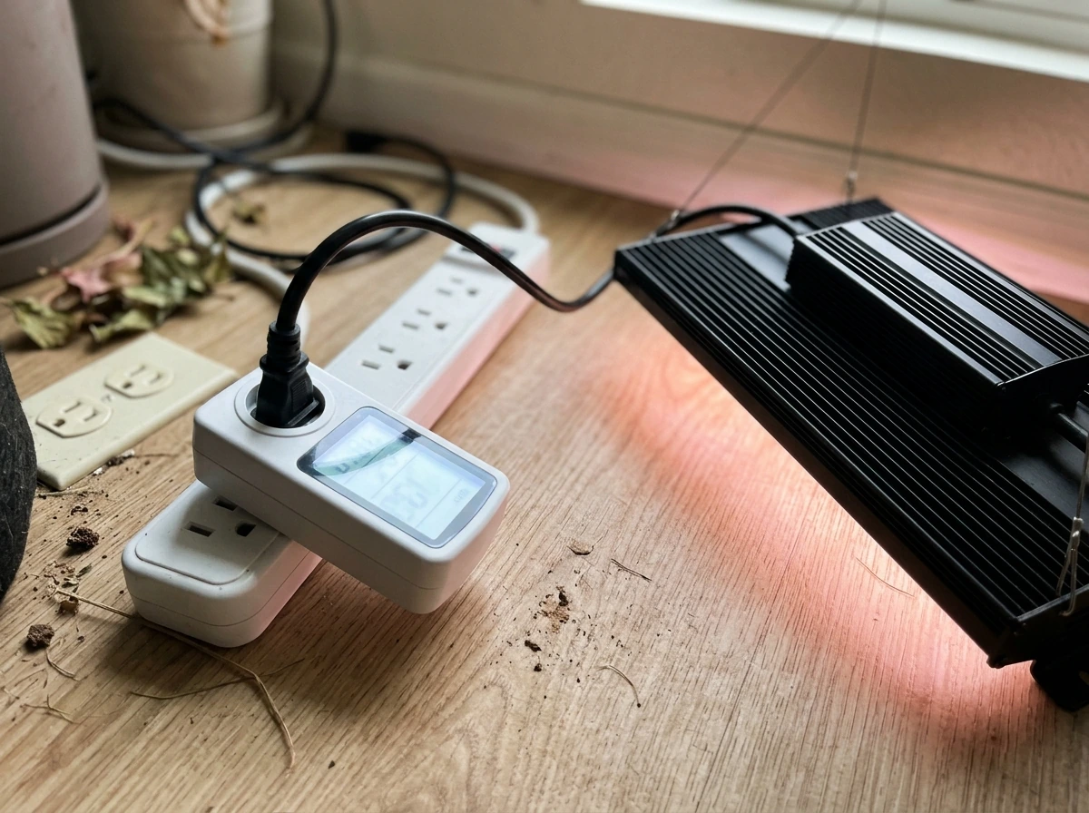 Power draw measurement on an LED grow light using a plug-in watt meter