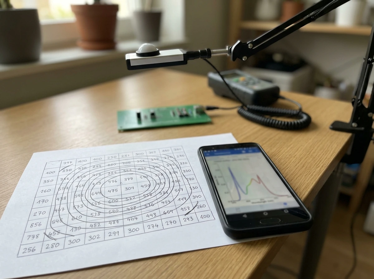 Quantum sensor and PPFD/PAR map used to compare light coverage.