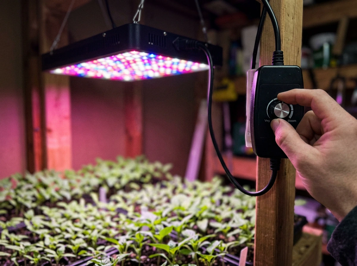 Hands adjusting a dimmer on an LED grow light controller above seedlings.