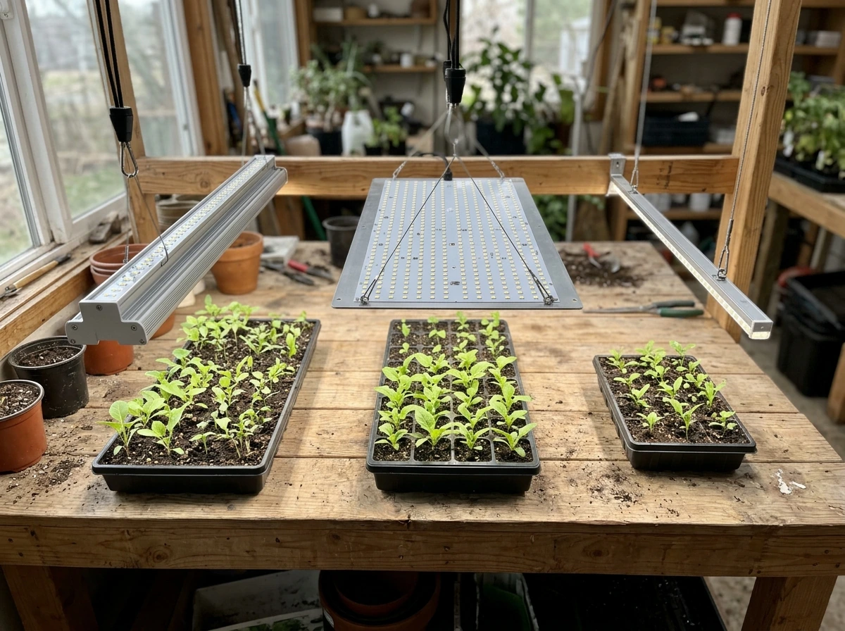 Side-by-side comparison of bar, panel, and strip LED grow light fixtures.