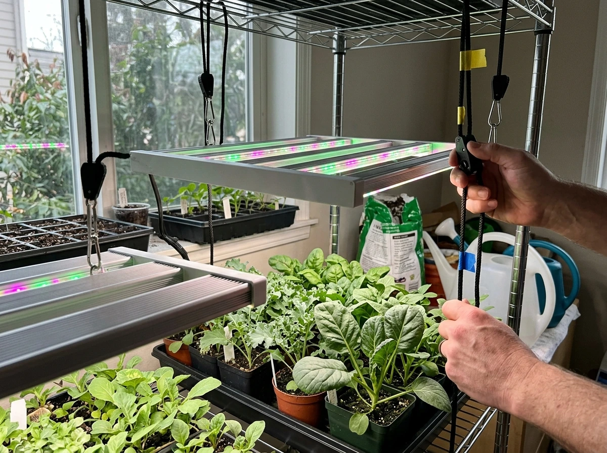 LED grow light being adjusted up or down over a canopy to affect PPFD.