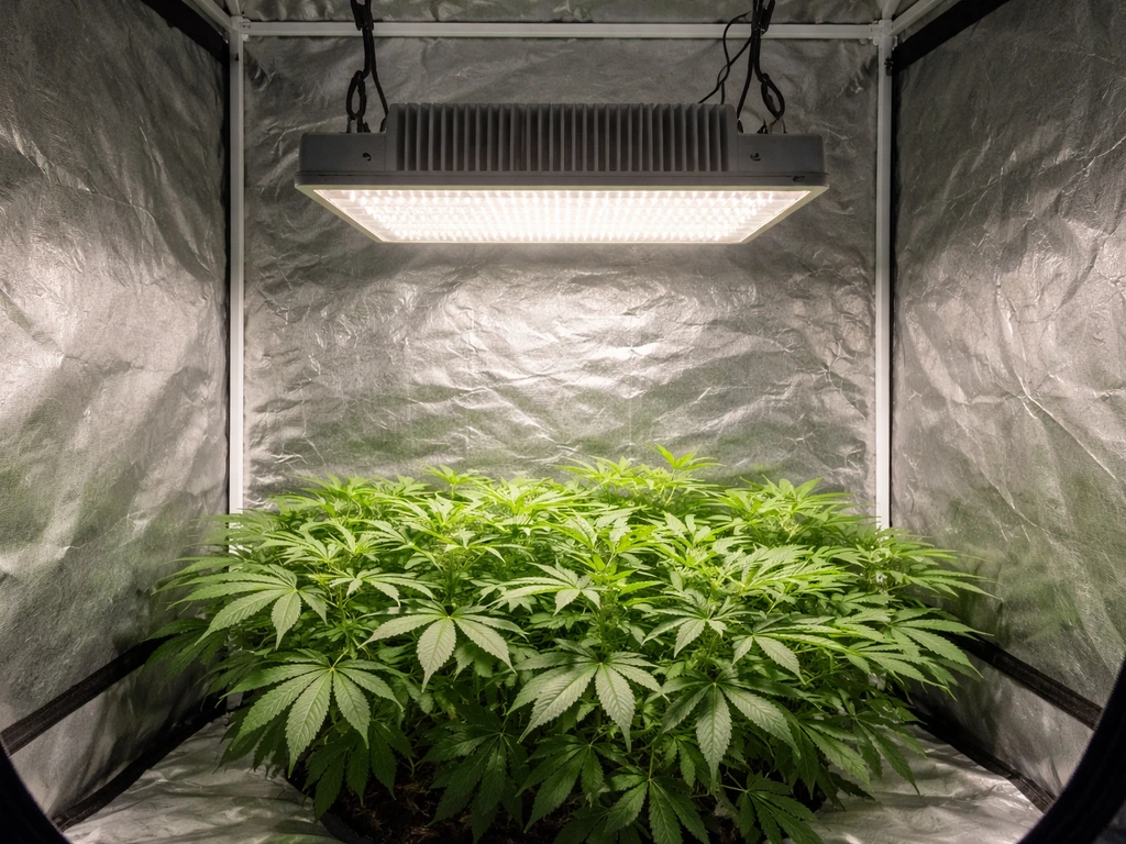 LED grow light fixture hanging over an illuminated canopy of plants inside a grow tent
