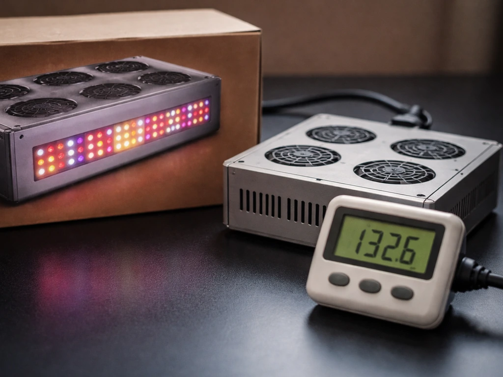 Close-up of an LED grow light fixture beside a digital power meter showing wall watts reading