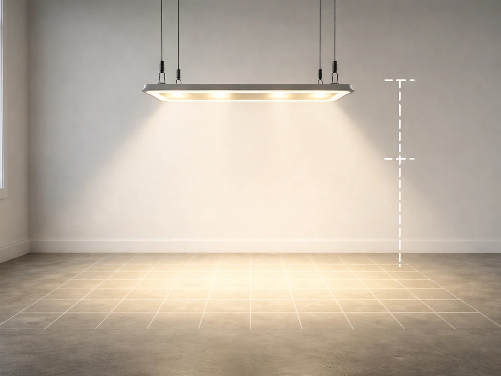 Hanging LED grow light above an empty floor with a projected grid showing different mounting heights.
