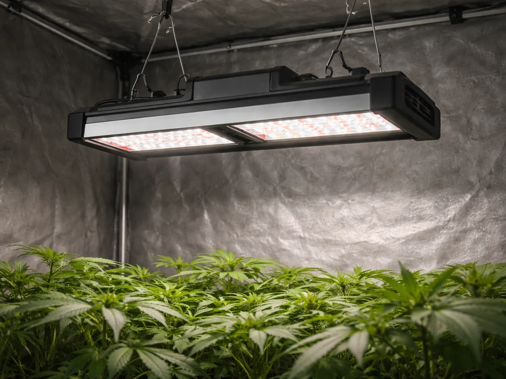 SolarSystem 550 LED grow light inside a minimal grow tent with young green plants.