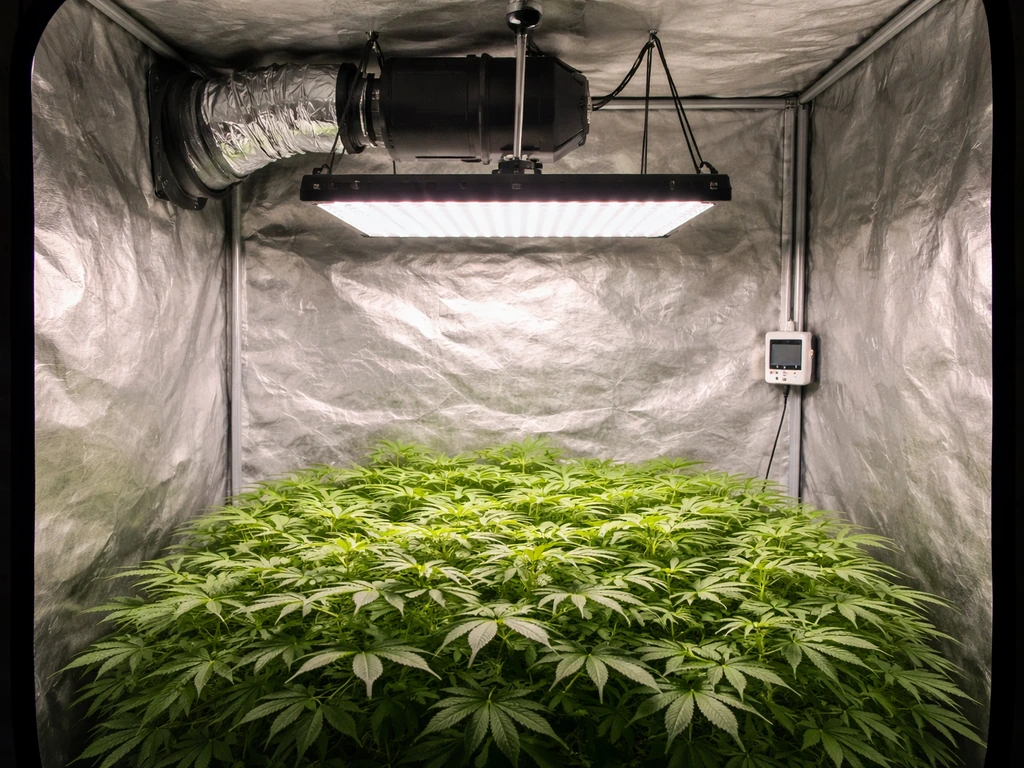 LED grow light over a canopy with an inline fan and duct, and a small heat monitor near the tent.