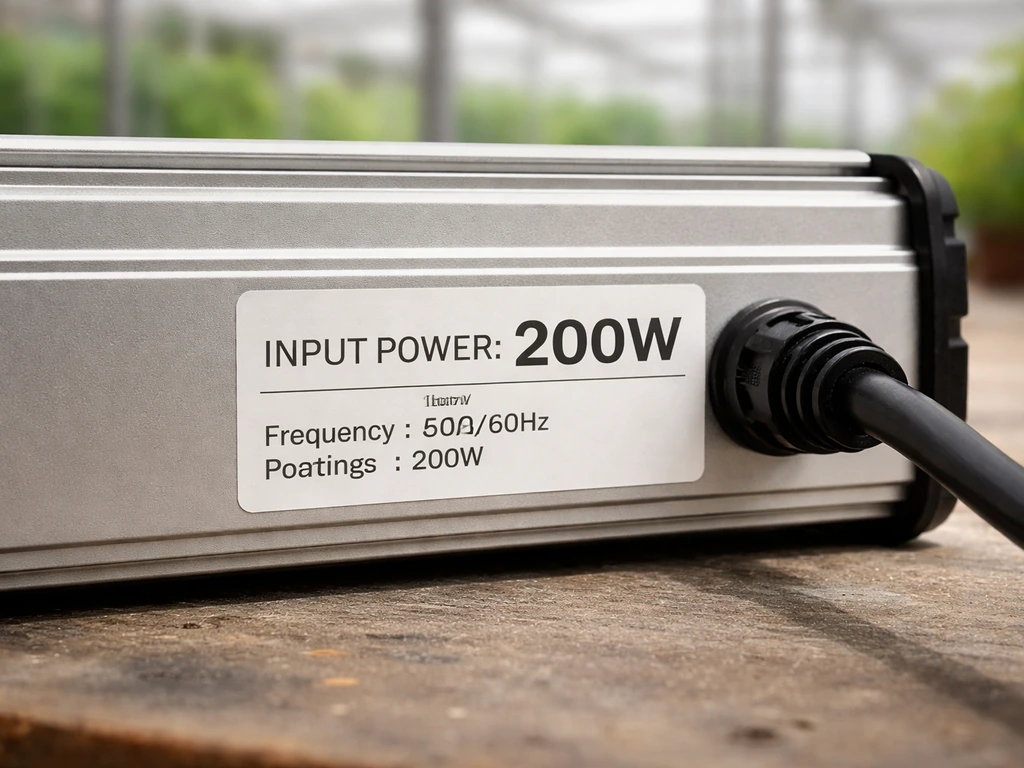 Close-up of an LED grow light label on a fixture, showing the wattage at the wall in a neat, minimal setup.