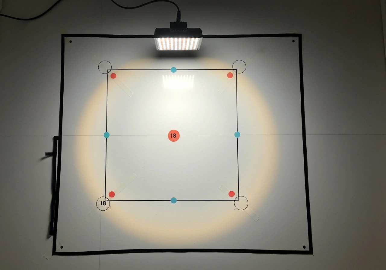 Top-down indoor grow tent view with a centered 200W-style LED light and a light-spread halo on the floor.