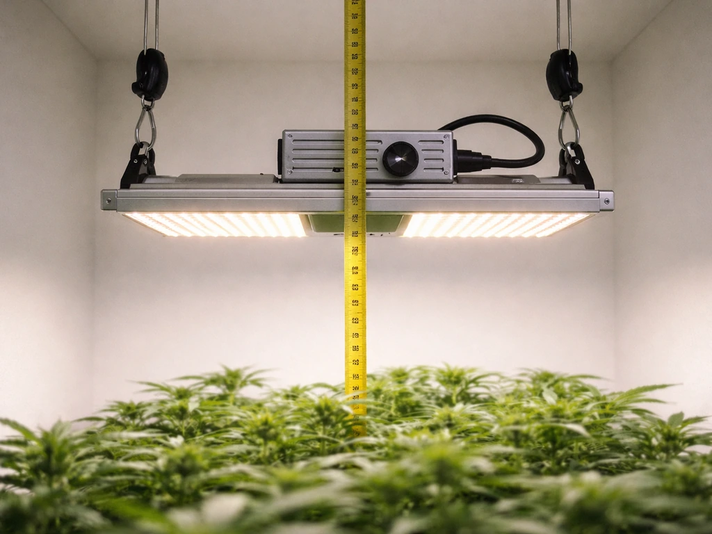 Adjustable LED grow light hanging above a plant canopy with height measured and dimmer dial set.