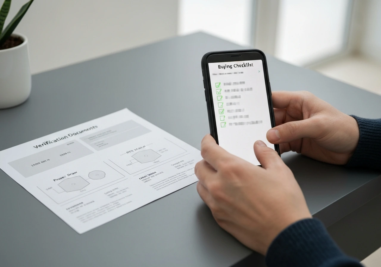 Smartphone showing a simple checklist beside a printed lighting spec sheet with no readable text