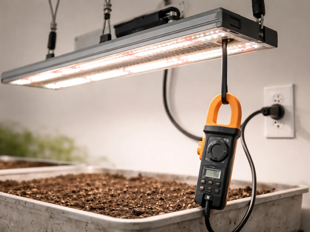 Close-up of an LED grow light with a wall outlet and clamp meter measuring cable input power