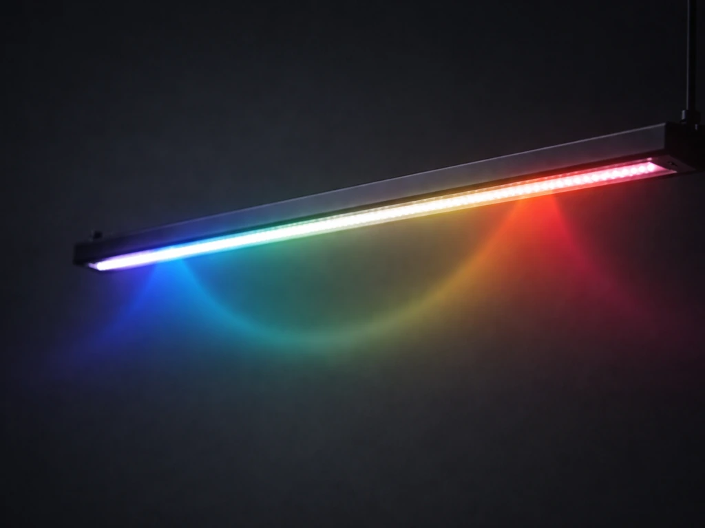 Close-up of an LED grow light with a subtle blue and red peak-like glow on a dark background.
