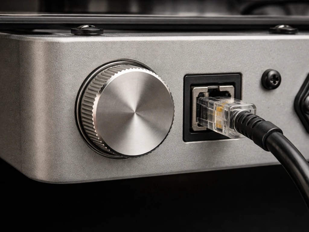 Close-up of a 0-10V-style dimming knob and RJ-11 driver connection on a 1000W LED fixture.